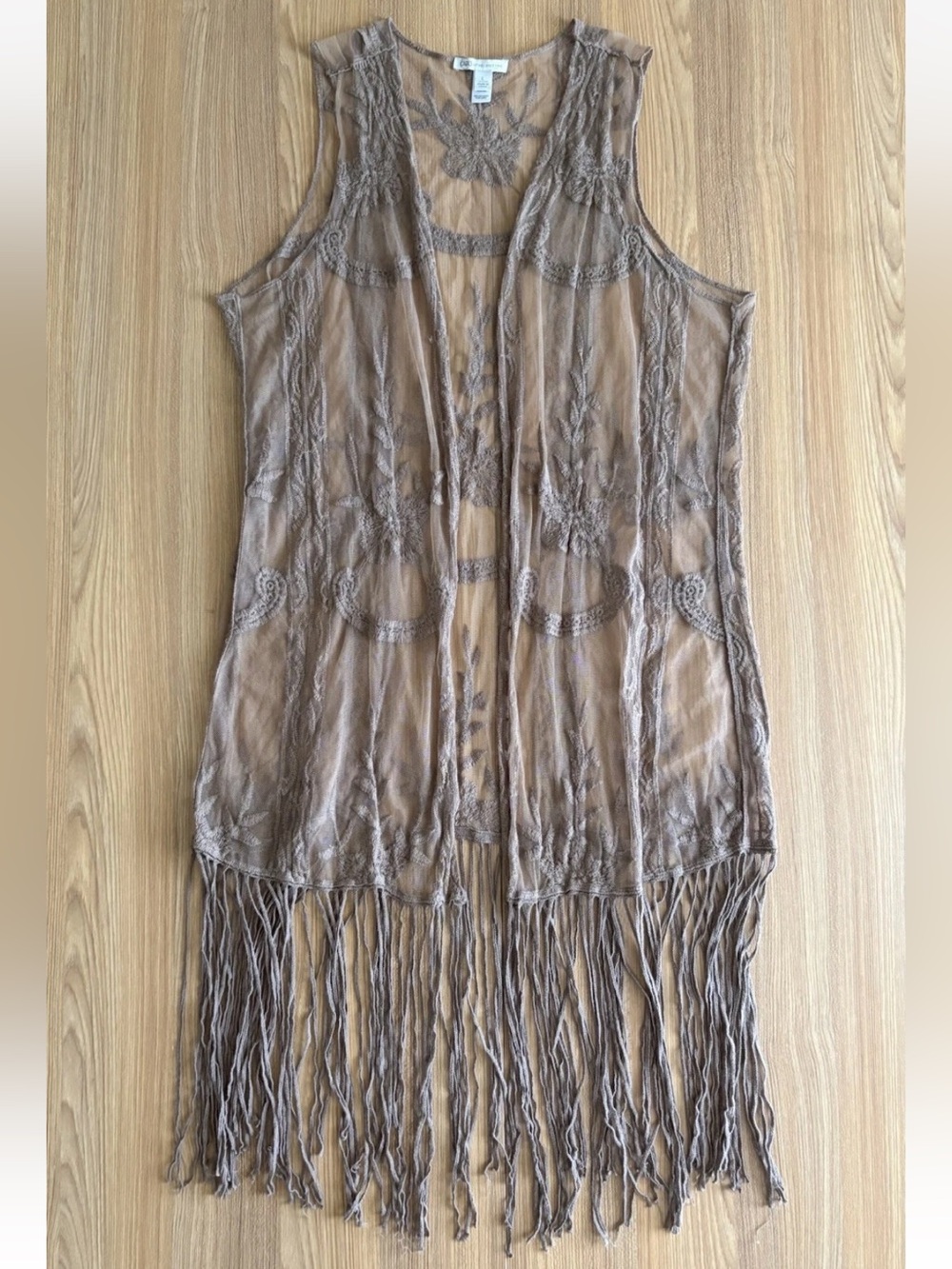 Cato Sheer Mesh Embroidered Fringe Duster Cardigan Vest L Tan Festival Trending